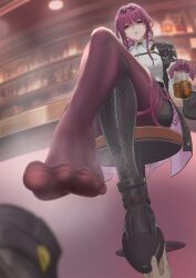 Rule 34 | 1girl, absurdres, bar (place), boots, crossed legs, feet, glass, highres, honkai: star rail, honkai (series), kafka (honkai: star rail), long hair, looking at viewer, open mouth, pantyhose, pink eyes, red hair, shaded face, shoes, steam, sunglasses on head, toes, treadml, unworn shoes