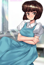 Rule 34 | 1girl, arms under breasts, artist name, blouse, blue dress, blunt bangs, blurry, blurry background, bob cut, breasts, brown eyes, brown hair, classroom, closed mouth, commentary, crossed arms, curtains, dress, light blush, light smile, looking at viewer, looking to the side, medium breasts, oyaman, pinafore dress, puffy short sleeves, puffy sleeves, ranma 1/2, school uniform, shirt, short hair, short sleeves, sitting, sleeveless dress, solo, tendou nabiki, twitter username, white shirt, wind, window