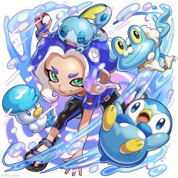 Rule 34 | 1girl, arm up, bird, black footwear, black pants, blue hair, blue shirt, capri pants, commentary request, creatures (company), duck, fighting stance, forehead, froakie, frog, game freak, gen 4 pokemon, gen 6 pokemon, gen 8 pokemon, green eyes, grin, highres, sports sandals, holding, holding poke ball, iria (yumeirokingyo), looking at viewer, nintendo, octoling, octoling girl, octoling player character, open mouth, pants, parted bangs, penguin, piplup, poke ball, poke ball (basic), pokemon, pokemon (creature), print shirt, quaxly, sandals, shirt, short eyebrows, short hair, short sleeves, sidelocks, smile, sobble, splatoon (series), splatoon 3, standing, t-shirt, teeth, tentacle hair, tight clothes, tight pants, v-shaped eyebrows, water, water drop, white background