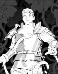 Rule 34 | 1boy, armor, black background, bracer, commentary, cowboy shot, dungeon meshi, greyscale, hands up, highres, laios touden, looking up, male focus, monochrome, open mouth, pauldrons, plant, quietgom, restrained, sheath, sheathed, short hair, shoulder armor, standing, sword, tentacles, very short hair, vines, weapon