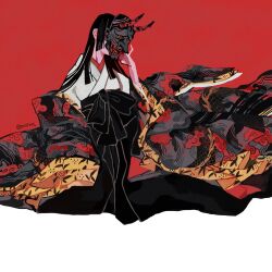 Rule 34 | 1girl, black hair, conohi (snvcenni), highres, holding, holding mask, japanese clothes, kimono, mask, oni, original, red background, sitting
