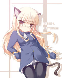 Rule 34 | 00s, 1girl, animal ears, blonde hair, brown eyes, cat ears, cat tail, crotch seam, glasses, highres, panties, panties under pantyhose, pantyhose, perrine h. clostermann, safi, solo, strike witches, tail, underwear, world witches series