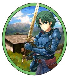 Rule 34 | 1boy, alm (fire emblem), armor, breastplate, circlet, closed mouth, day, fire emblem, fire emblem echoes: shadows of valentia, fuussu (21-kazin), green eyes, green hair, hair between eyes, highres, holding, holding sheath, holding sword, holding weapon, male focus, nintendo, outdoors, pauldrons, sheath, shoulder armor, standing, sword, weapon