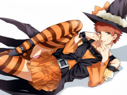 Rule 34 | 1boy, alternate costume, bad id, bad pixiv id, emiya shirou, fate/stay night, fate (series), halloween, hat, male focus, mitsuki mitsuno, red hair, solo, striped clothes, striped thighhighs, thighhighs, trap, witch, witch hat, yellow eyes