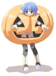 Rule 34 | 1girl, animal ears, black thighhighs, blue hair, boots, broccoli (company), cosplay, galaxy angel, gloves, halloween, jack-o&#039;-lantern, lowres, mint blancmanche, orange panties, panties, pumpkin, simple background, solo, standing, striped clothes, striped panties, thighhighs, underwear, white background, yellow eyes