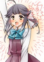 Rule 34 | 1girl, ahoge, arm up, blue bow, blue bowtie, blush, bow, bowtie, dress, gradient hair, hayanami (kancolle), kagesaki yuna, kantai collection, long sleeves, multicolored hair, ponytail, purple dress, purple hair, shirt, side ponytail, silver hair, simple background, solo, translation request, white shirt, yellow eyes