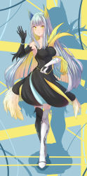 Rule 34 | 1girl, absurdres, arknights, asymmetrical footwear, asymmetrical gloves, black dress, black footwear, black gloves, blonde hair, boots, breasts, collarbone, colored inner hair, commentary request, crossed legs, dress, elbow gloves, genderswap, genderswap (mtf), gloves, hair wings, hand up, hellagur (arknights), highres, large breasts, lord boros (bouluosi), mismatched footwear, mismatched gloves, multicolored hair, solo, thigh boots, watson cross, white footwear, white gloves, white hair, yellow eyes