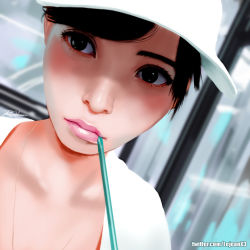 Rule 34 | 1girl, black hair, drinking, hat, jewelry, lips, looking at viewer, necklace, photo-referenced, photorealistic, real life, realistic, rejean dubois, short hair, solo, watermark, web address