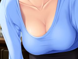 Rule 34 | 1girl, bent over, blurry, breast focus, breasts, cleavage, close-up, collarbone, depth of field, downblouse, game cg, head out of frame, ishihara yukina, large breasts, leaning forward, maro no kanja ha gatenkei 2, maro no kanja wa gatenkei 2, sakagami umi, solo