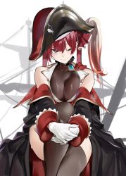 Rule 34 | 1girl, absurdres, bare shoulders, black thighhighs, breasts, cleavage, coat, gloves, hat, highres, hololive, houshou marine, jikatarou, looking at viewer, official art, one eye closed, pirate hat, red hair, see-through, see-through cleavage, sitting, solo, sweat, thighhighs, twintails, virtual youtuber, white gloves, yellow eyes