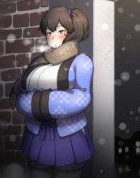Rule 34 | 1girl, blue hakama, breasts, breath, brown eyes, brown hair, brown scarf, cold, commentary request, hakama, hakama short skirt, hakama skirt, huge breasts, japanese clothes, kaga (kancolle), kantai collection, konoshige (ryuun), long hair, outdoors, scarf, short sidetail, side ponytail, skirt, snowing, solo, standing, thighhighs, winter