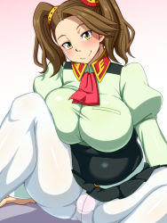 Rule 34 | 10s, 1girl, blush, breast press, breasts, cameltoe, crotch seam, gradient background, gundam, gundam build fighters, gundam build fighters try, impossible clothes, impossible shirt, large breasts, leg up, looking at viewer, nokoppa, panties, panties under pantyhose, pantyhose, pink background, plump, sazaki kaoruko, shirt, simple background, smile, solo, spread legs, thick thighs, thighs, underwear, white pantyhose