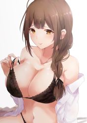 Rule 34 | 1girl, antenna hair, arm support, bare shoulders, bed, bed sheet, black bra, black panties, blush, bra, braid, braided ponytail, breasts, cleavage, collarbone, collared shirt, floral print, hair over shoulder, hair tie, highres, huge breasts, idolmaster, idolmaster shiny colors, kuwayama chiyuki, large breasts, light blush, long hair, long sleeves, looking at viewer, nail polish, navel, on bed, open clothes, open shirt, panties, ryuu., shirt, shirt slip, sidelocks, simple background, sitting, smile, solo, strap slip, underwear, white background, white shirt, yellow eyes