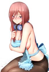 Rule 34 | 1girl, :t, apron, areola slip, bare shoulders, black pantyhose, blue eyes, blush, breasts, brown hair, brown pantyhose, cleavage, closed mouth, commentary request, furrowed brow, ginhaha, go-toubun no hanayome, hair between eyes, headphones, headphones around neck, highres, large breasts, long hair, looking at viewer, nakano miku, nearly naked apron, nose blush, pantyhose, pout, solo
