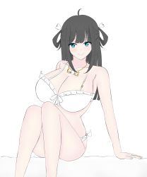 Rule 34 | amano nene (vtuber), black hair, blue eyes, bra, breasts, estherelaitea, green eyes, hair ornament, highres, jewelry, large breasts, lingerie, long hair, navel, necklace, panties, sitting, underwear, virtual youtuber, white bra, white panties