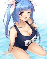 Rule 34 | 10s, 1girl, ;d, arm support, blue hair, blush, breasts, cleavage, don (29219), female focus, hair ribbon, i-19 (kancolle), kantai collection, large breasts, long hair, name tag, one-piece swimsuit, one eye closed, open mouth, partially submerged, purple eyes, ribbon, school swimsuit, sitting, smile, solo, star-shaped pupils, star (symbol), swimsuit, symbol-shaped pupils, tri tails, wading