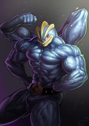 Rule 34 | 1boy, abs, bara, biceps, bulge, creatures (company), energy camdy, feet out of frame, flexing, game freak, gen 1 pokemon, grin, highres, lips, machamp, male focus, muscular, muscular male, navel, nintendo, pectorals, pokemon, pokemon (creature), red eyes, smile, solo, standing, stomach, thick thighs, thighs, topless male, veins, wrestling outfit