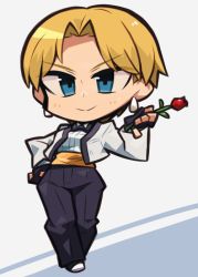 Rule 34 | 1girl, blonde hair, blue eyes, chibi, cropped jacket, earrings, fingerless gloves, flower, full body, gloves, grey background, hand on own hip, holding, holding flower, ibara., jewelry, king (snk), looking at viewer, ryuuko no ken, short hair, smile, snk, solo, standing, the king of fighters, very short hair