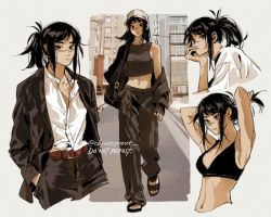 Rule 34 | 1girl, bag, baseball cap, belt, black hair, black suit, bra, breasts, carrotsprout, casual, chainsaw man, cleavage, collage, collared shirt, facial scar, formal, hat, highres, jacket, long hair, navel, open clothes, open shirt, pant suit, pants, ponytail, sandals, scar, scar on cheek, scar on face, scar on nose, shirt, solo, suit, tank top, tendou michiko, tying, tying hair, unbuttoned, unbuttoned shirt, underwear