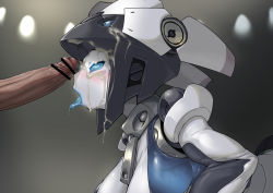 Rule 34 | 1boy, 1girl, :&gt;=, after fellatio, ahegao, android, bar censor, black hair, blue eyes, blue sclera, blue skin, blush, blush stickers, breasts, censored, colored sclera, colored skin, cum, cum on hair, dia (world flipper), erection, facial, from side, hetero, large breasts, penis, penis on face, pochincoff, robot, rolling eyes, testicles, tongue, tongue out, white skin, world flipper