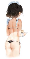 Rule 34 | 1girl, ass, back, bad id, bad twitter id, bare shoulders, bikini, black bikini, black choker, black ribbon, blush, brown hair, butt crack, cake, cake slice, choker, closed mouth, copyright request, cowboy shot, flying sweatdrops, food, frills, from behind, hair bun, highres, holding, holding plate, looking at viewer, looking back, maid, maid bikini, maid headdress, plate, ribbon, sabet (young ouo), short hair, side-tie bikini bottom, simple background, single hair bun, solo, swimsuit, thigh gap, unconventional maid, white background, wrist cuffs, yellow eyes