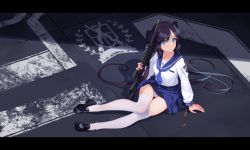 Rule 34 | 1girl, arm support, assault rifle, black footwear, black hair, blue eyes, blue neckerchief, blue sailor collar, blue skirt, blush, breasts, commentary, full body, gun, highres, holding, holding gun, holding weapon, loafers, long hair, long sleeves, looking at viewer, looking up, m4 carbine, miniskirt, neckerchief, original, panties, pantyshot, qianhui, rifle, sailor collar, school uniform, serafuku, shirt, shoes, sitting, skirt, solo, thighhighs, twintails, underwear, very long hair, weapon, white panties, white shirt, white thighhighs