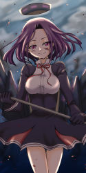 Rule 34 | 10s, 1girl, blush, breasts, cannon, glaive (polearm), gloves, halo, headgear, kantai collection, large breasts, mechanical halo, personification, polearm, purple eyes, purple hair, school uniform, short hair, skirt, smile, solo, tatsuta (kancolle), turret, yaminome