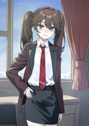Rule 34 | alternate costume, black skirt, brown eyes, brown hair, brown jacket, brown suit, chair, collared shirt, curtains, desk, formal, hair between eyes, hand on own hip, highres, jacket, kantai collection, long hair, necktie, nito (nshtntr), pencil skirt, red nails, red necktie, ryuujou (kancolle), shirt, skirt, suit, twintails, white shirt, window