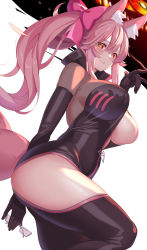 Rule 34 | 1girl, animal ear fluff, animal ears, arm behind back, biker clothes, bikesuit, bodysuit, breasts, center opening, china dress, chinese clothes, choker, commentary request, dress, fate/grand order, fate (series), fox ears, fox girl, fox tail, from side, glasses, hair ribbon, highres, kaneko (bblogtinhan), koyanskaya (assassin) (first ascension) (fate), koyanskaya (fate), large breasts, parted lips, pink hair, pink ribbon, ribbon, ribbon choker, see-through, sideboob, slit pupils, tail, tamamo (fate), thighs, white-framed eyewear