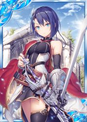Rule 34 | 1girl, akkijin, armpits, bare shoulders, black dress, blue eyes, blue sky, breasts, cape, card (medium), cloud, cloudy sky, day, dress, hair ornament, knight, looking at viewer, medium breasts, official art, outdoors, purple hair, red cape, shinkai no valkyrie, short hair, sky, sword, thighhighs, weapon, weapon bag