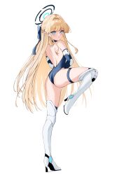 Rule 34 | 1girl, blonde hair, blue archive, blue bow, blue eyes, blush, boots, bow, chimatori, closed mouth, full body, highres, leotard, light brown hair, looking at viewer, multicolored hair, simple background, solo, standing, streaked hair, toki (blue archive)