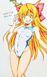 1girl blue_one-piece_swimsuit bow breasts commentary_request covered_navel d-m_(dii_emu) dated grin hair_bow horns ibuki_suika long_hair one-piece_swimsuit orange_eyes orange_hair red_bow simple_background small_breasts smile solo swimsuit touhou traditional_media upper_body v very_long_hair white_background white_one-piece_swimsuit