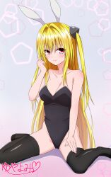 Rule 34 | 1girl, alternate costume, animal ears, bare arms, black leotard, black thighhighs, blonde hair, blush, breasts, cleavage, clenched hand, closed mouth, collarbone, commentary, curvy, fake animal ears, fingernails, foot out of frame, gradient background, groin, hair between eyes, hair intakes, hand on own thigh, hand up, heart, highleg, highleg leotard, highres, konjiki no yami, leotard, light blue background, long hair, looking at viewer, medium breasts, no shoes, playboy bunny, rabbit ears, red eyes, sidelocks, signature, simple background, sitting, smile, straight hair, strapless, strapless leotard, thighhighs, thighs, to love-ru, tsurime, two side up, very long hair, wariza, yuyayomi