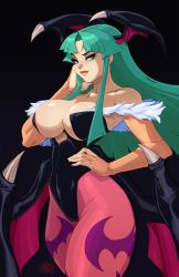 Rule 34 | 1girl, bare shoulders, breasts, capcom, cleavage, demon girl, freckles, green eyes, green hair, hand on own hip, head wings, highres, large breasts, leotard, lips, lipstick, long hair, looking at viewer, makeup, morrigan aensland, pantyhose, smile, solo, thick thighs, thighs, tovio rogers, vampire (game), wings