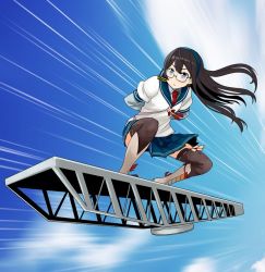 Rule 34 | arms behind back, black hair, blue sky, boots, commentary request, day, dragon ball, glasses, green eyes, kantai collection, long hair, motion lines, ooyodo (kancolle), parody, pleated skirt, shirt, skirt, sky, solo, surfing, tao pai pai, thighhighs, watanore