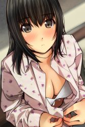 Rule 34 | 1girl, absurdres, black hair, blurry, blurry background, blush, bow, bow bra, bra, breasts, brown eyes, cleavage, closed mouth, collared shirt, depth of field, dress shirt, fingernails, floral print, hair between eyes, highres, long hair, long sleeves, looking at viewer, matsunaga kouyou, nose blush, open clothes, open shirt, original, print shirt, shirt, sleeves past wrists, small breasts, solo, underwear, white bra, white shirt