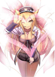 Rule 34 | 1girl, ;), ahri (league of legends), alternate costume, alternate eye color, alternate hair color, animal ears, belt, blonde hair, bow, breasts, brown pantyhose, cleavage, cosplay, cowboy shot, facial mark, fox ears, fox tail, girls&#039; generation, hair between eyes, hand on own thigh, hand up, hat, hat bow, headset, heart, highres, idol, jacket, jewelry, jpeg artifacts, k-pop, large breasts, league of legends, leaning forward, pantyhose under shorts, light smile, long hair, multiple tails, necklace, one eye closed, open clothes, open jacket, pantyhose, peaked cap, pencil skirt, pendant, popstar ahri, salute, shorts, skirt, slit pupils, smile, solo, tail, very long hair, vococo, whisker markings, yellow eyes, zipper