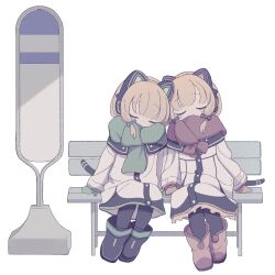 Rule 34 | 2girls, animal ear headphones, animal ears, atat250, bench, black footwear, black pantyhose, black sailor collar, blonde hair, blue archive, boots, bow, bowtie, brown footwear, bus stop, cat ear headphones, cat tail, closed eyes, dress, facing viewer, fake animal ears, fake tail, full body, green mittens, green scarf, headphones, highres, holding hands, midori (blue archive), mittens, momoi (blue archive), multiple girls, pantyhose, red bow, red bowtie, red mittens, red scarf, sailor collar, scarf, siblings, side-by-side, sisters, sitting, sleeping, tail, twins, white dress