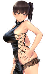 Rule 34 | 1girl, alternate costume, black dress, blush, breasts, brown eyes, brown hair, closed mouth, dress, hands on own hips, highres, kaga (kancolle), kantai collection, large breasts, long hair, looking at viewer, revealing clothes, side ponytail, sideboob, sideless outfit, simple background, thighs, wa (genryusui), white background