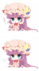 Rule 34 | 1girl, :3, aqua eyes, arms up, bad id, bad pixiv id, bow, capelet, chibi, crescent, dress, fang, female focus, hair ribbon, hat, heavy breathing, long hair, open mouth, patchouli knowledge, pink dress, purple hair, ribbon, sitting, solo, touhou, translation request, very long hair, yuki miya