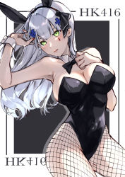 Rule 34 | 1girl, absurdres, animal ears, assault rifle, black leotard, blush stickers, bow, bowtie, breasts, character name, cleavage, commentary, cowboy shot, detached collar, expressionless, fake animal ears, fishnet pantyhose, fishnets, girls&#039; frontline, green eyes, gun, h&amp;k hk416, hair between eyes, hair ornament, highres, hk416 (girls&#039; frontline), large breasts, leotard, long hair, nail polish, pantyhose, parted lips, playboy bunny, rabbit ears, red nails, rifle, sakana-ko, solo, standing, strapless, strapless leotard, teardrop, weapon, wrist cuffs