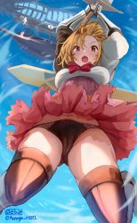Rule 34 | 1girl, :o, aircraft, airship, aonaga heri, arms up, artist name, black thighhighs, blonde hair, blue sky, boots, breasts, cameltoe, cleft of venus, colored skin, commission, djeeta (granblue fantasy), flying sweatdrops, gauntlets, gluteal fold, granblue fantasy, looking at viewer, medium breasts, navel, open mouth, panties, pink skin, red ribbon, ribbon, scabbard, sheath, skeb commission, skindentation, sky, solo, sword, teeth, thigh boots, thighhighs, thighs, twitter username, underwear, upper teeth only, upskirt, v-shaped eyebrows, weapon, yellow eyes