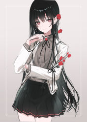 Rule 34 | 1girl, a20 (atsumaru), absurdres, arm under breasts, black hair, black ribbon, black skirt, blazer, blush, breast pocket, breasts, brown shirt, closed mouth, collared shirt, dress shirt, flower, hair flower, hair ornament, hair ribbon, hand up, highres, holding, holding flower, jacket, long hair, looking at viewer, mole, mole under eye, original, pleated skirt, pocket, red eyes, ribbon, rose, school uniform, shirt, simple background, skirt, small breasts, smile, solo, straight hair, white jacket, white ribbon