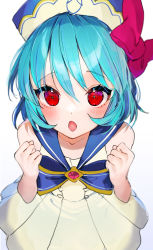 Rule 34 | absurdres, blue hair, blue ribbon, blurry, blush, breasts, collarbone, depth of field, dress, hat, highres, ira n, light blue hair, monster strike, nonno (monster strike), pink eyes, red eyes, red ribbon, ribbon, sailor dress, short hair, small breasts, white background, white dress
