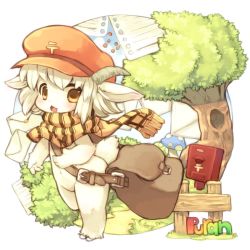 Rule 34 | androgynous, animal ears, blush, copyright request, furry, gender request, hat, horns, kishibe, looking at viewer, nature, open mouth, plant, scarf, solo, tail, white background