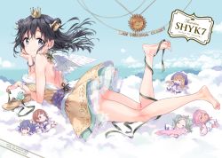 Rule 34 | 1girl, angel wings, barefoot, black eyes, black hair, crown, dress, feet, full body, green ribbon, long hair, looking at viewer, lying, on stomach, original, ribbon, shoes, unworn shoes, soles, solo, strapless, strapless dress, tiv, toes, wings