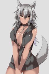 Rule 34 | 1girl, absurdres, animal ears, ar (lover boy), bare shoulders, blush, breasts, chain, cleavage, collar, collarbone, commentary request, cowboy shot, dark-skinned female, dark skin, dog ears, frown, grey background, grey hair, hair between eyes, highres, hood, hooded jacket, huge breasts, jacket, long hair, looking at viewer, original, own hands together, simple background, solo, standing, tail, tan, wolf ears, wolf tail, yellow eyes