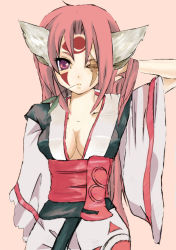 Rule 34 | amputee, animal ears, arc system works, baiken, breasts, butamukituneko, cleavage, facial tattoo, guilty gear, japanese clothes, kimono, pink background, pink hair, scar, simple background, solo, tattoo