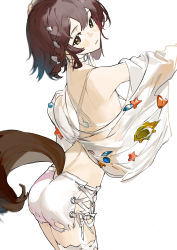 Rule 34 | 1girl, absurdres, arknights, arm up, bikini, blush, braid, breasts, brown eyes, brown hair, clothing cutout, commentary request, gohanduck, hand on own head, highres, medium breasts, off shoulder, parted lips, roberta (arknights), roberta (summer flowers) (arknights), see-through, short shorts, shorts, simple background, solo, starfish, swimsuit, tail, tail through clothes, torn clothes, torn shorts, white background, white bikini, white shorts