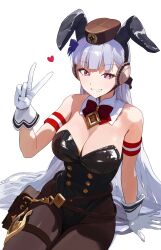 Rule 34 | 1girl, absurdres, animal ears, armband, bare shoulders, black pantyhose, bow, breasts, brown headwear, buttons, cleavage, commentary request, detached collar, double-breasted, ear covers, gloves, gold ship (umamusume), grey hair, grin, heart, highleg, highleg leotard, highres, horse ears, horse girl, horse tail, large breasts, leotard, long hair, looking at viewer, nontraditional playboy bunny, pantyhose, pillbox hat, pouch, purple bow, purple eyes, simple background, sitting, smile, solo, strapless, strapless leotard, tail, thigh strap, umamusume, ushiwaka, v, very long hair, white background, white gloves